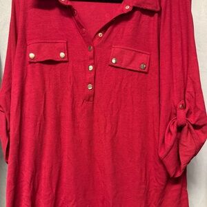 Red Button-Front Knit Top with Chest Pockets